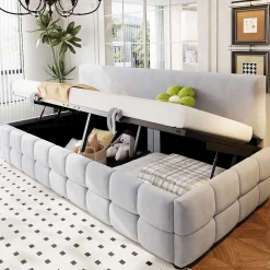 Lit 90x200 cm avec rangement hydraulique, tapissé velours gris clair, sans accoudoirs, design moderne