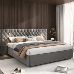 Lit 180x200 cm avec rangement hydraulique, tête de lit capitonnée en velours gris et liseuse intégrée