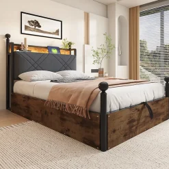 Lit 90x190 cm avec rangement hydraulique, cadre métal noir, éclairage LED intégré et ports USB/Type-C