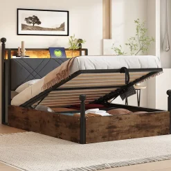 Lit 90x190 cm avec rangement hydraulique, cadre métal noir, éclairage LED intégré et ports USB/Type-C