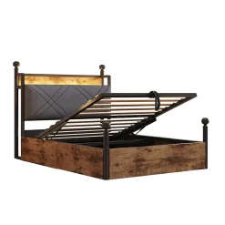 Lit 90x190 cm avec rangement hydraulique, cadre métal noir, éclairage LED intégré et ports USB/Type-C