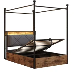 Lit 90x190 cm avec rangement hydraulique, cadre métal noir, éclairage LED intégré et ports USB/Type-C