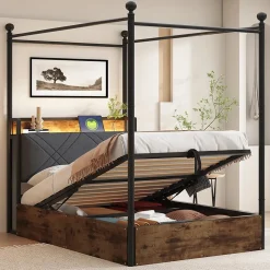 Lit 90x190 cm avec rangement hydraulique, cadre métal noir, éclairage LED intégré et ports USB/Type-C