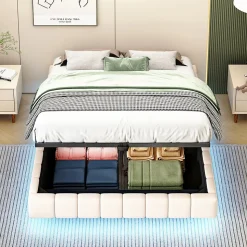 Lit 140x200 cm avec rangement hydraulique et bande LED multicolore, tapissé lin beige, effet flottant design