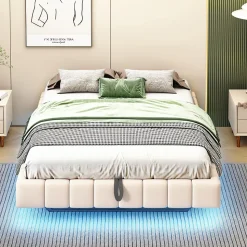 Lit 140x200 cm avec rangement hydraulique et bande LED multicolore, tapissé lin beige, effet flottant design