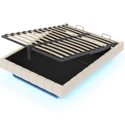 Lit 140x200 cm avec rangement hydraulique et bande LED multicolore, tapissé lin beige, effet flottant design