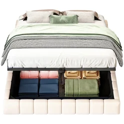 Lit 140x200 cm avec rangement hydraulique et bande LED multicolore, tapissé lin beige, effet flottant design