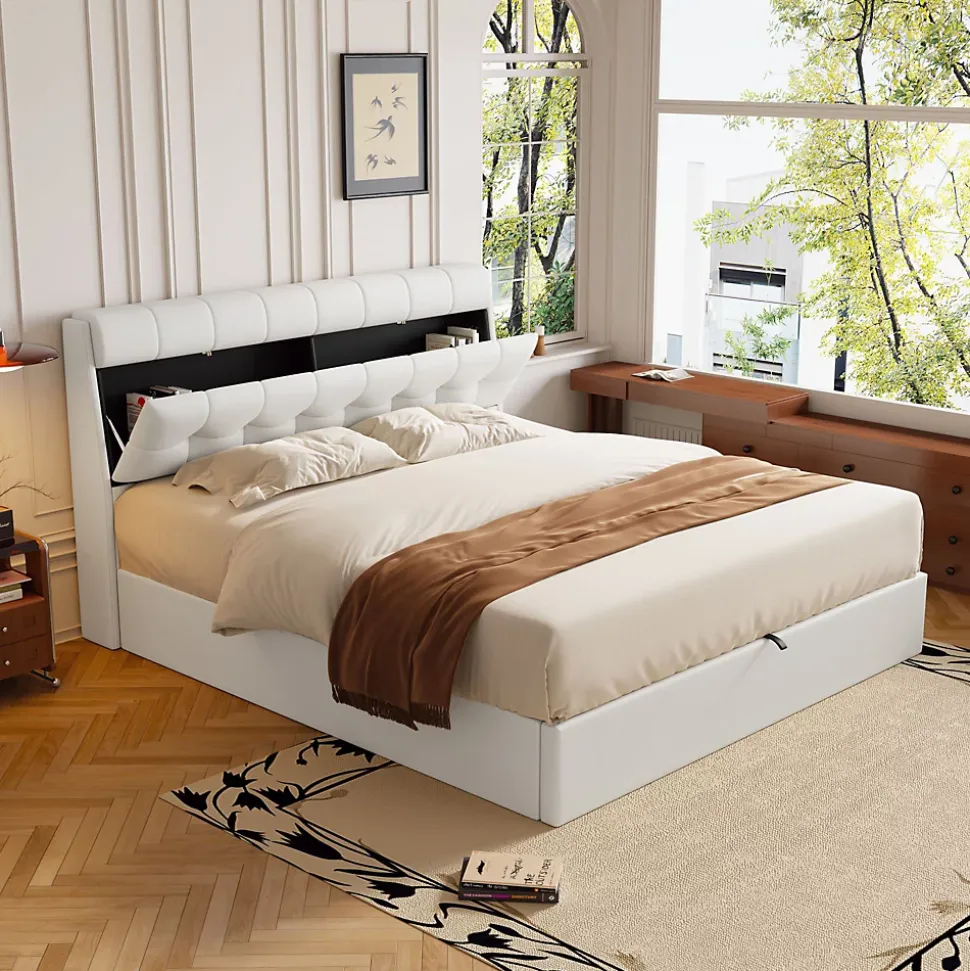 Lit 160x200 cm avec rangement hydraulique et tête de lit coffre tapissée en PU blanc, design moderne