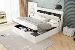 Lit 160x200 cm avec rangement hydraulique et tête de lit coffre tapissée en PU blanc, design moderne