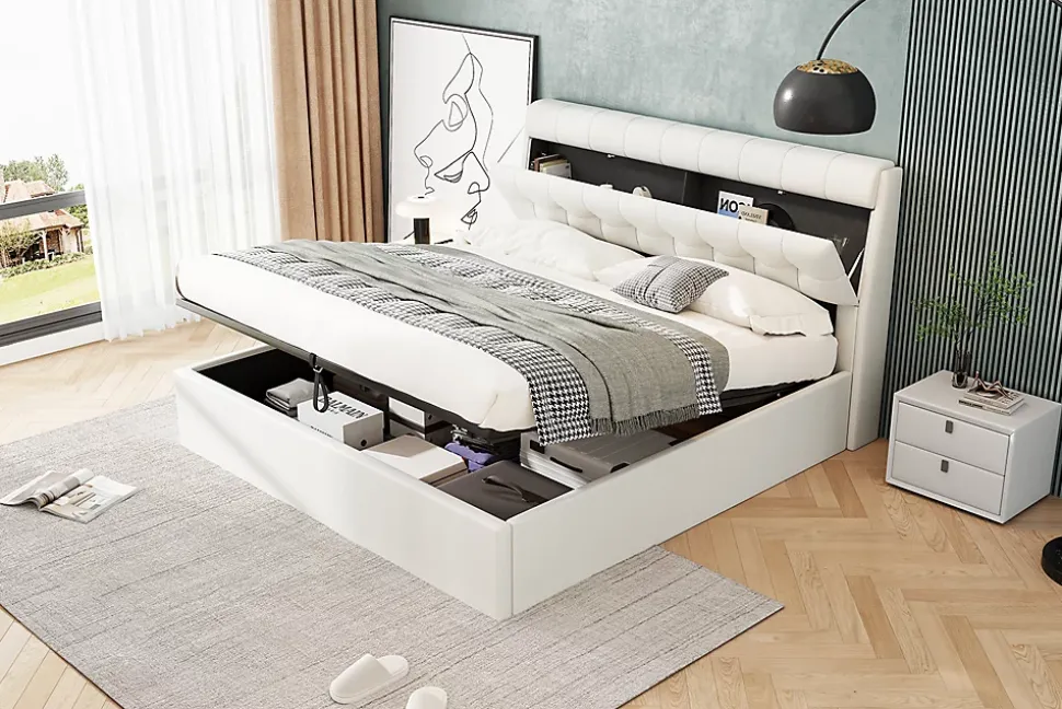 Lit 160x200 cm avec rangement hydraulique et tête de lit coffre tapissée en PU blanc, design moderne