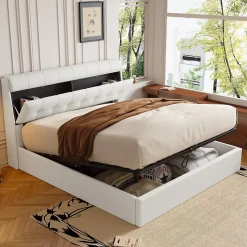 Lit 160x200 cm avec rangement hydraulique et tête de lit coffre tapissée en PU blanc, design moderne
