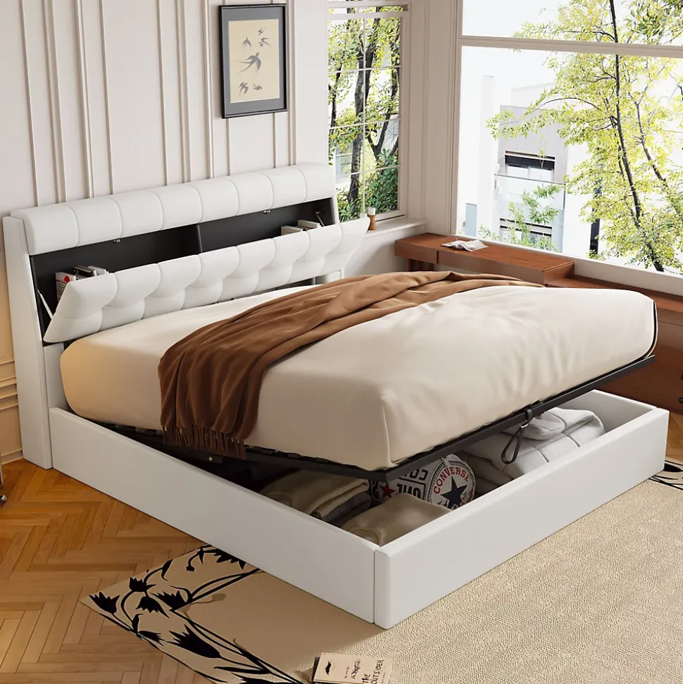 Lit 160x200 cm avec rangement hydraulique et tête de lit coffre tapissée en PU blanc, design moderne