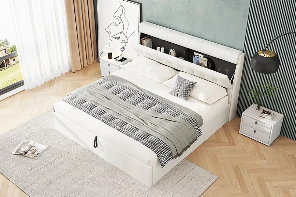 Lit 160x200 cm avec rangement hydraulique et tête de lit coffre tapissée en PU blanc, design moderne
