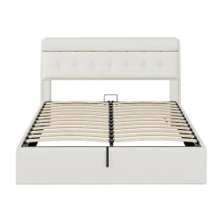 Lit 160x200 cm avec rangement hydraulique et tête de lit coffre tapissée en PU blanc, design moderne