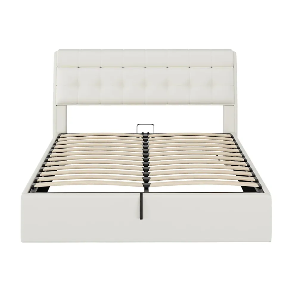 Lit 160x200 cm avec rangement hydraulique et tête de lit coffre tapissée en PU blanc, design moderne