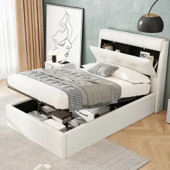 Lit 90x200 cm avec rangement hydraulique et tête de lit capitonnée en PU blanc, cadre moderne et pratique