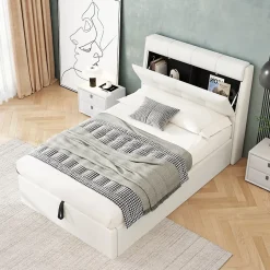 Lit 90x200 cm avec rangement hydraulique et tête de lit capitonnée en PU blanc, cadre moderne et pratique