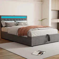 Lit 140x200 cm avec rangement hydraulique, tête rembourrée en lin gris, éclairage LED et ports USB/USB-C