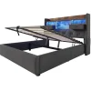 Lit 140x200 cm avec rangement hydraulique, tête de lit LED multicolore, ports de charge et tissu lin gris