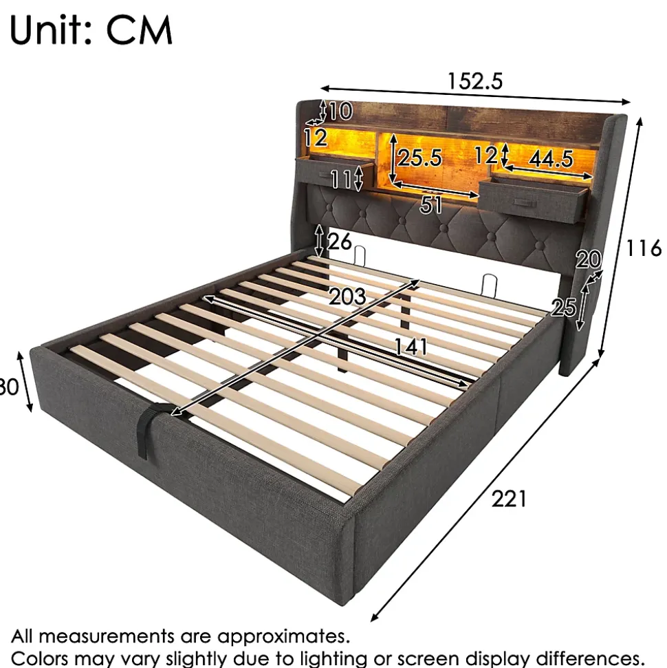 Lit 140x200 cm avec rangement hydraulique, tête de lit LED multicolore, ports de charge et tissu lin gris
