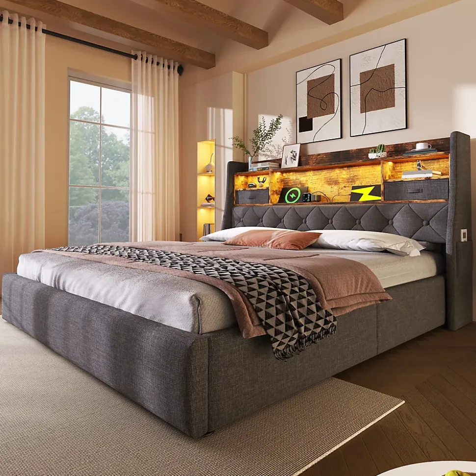 Lit 140x200 cm avec rangement hydraulique, tête de lit LED multicolore, ports de charge et tissu lin gris