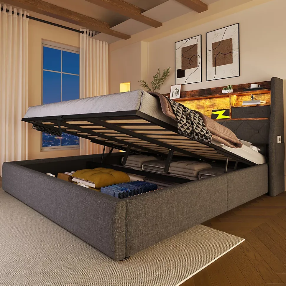 Lit 140x200 cm avec rangement hydraulique, tête de lit LED multicolore, ports de charge et tissu lin gris