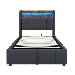 Lit 90x200 cm avec rangement hydraulique et éclairage led, tapissé lin gris, cadre métal robuste