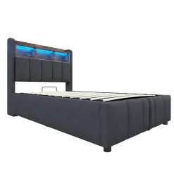 Lit 90x200 cm avec rangement hydraulique et éclairage led, tapissé lin gris, cadre métal robuste