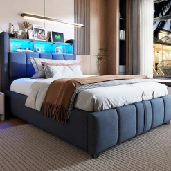 Lit 90x200 cm avec rangement hydraulique et éclairage led, tapissé lin gris, cadre métal robuste