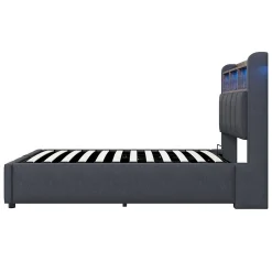 Lit 90x200 cm avec rangement hydraulique et éclairage led, tapissé lin gris, cadre métal robuste