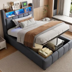 Lit 90x200 cm avec rangement hydraulique et éclairage led, tapissé lin gris, cadre métal robuste