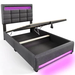 Lit 90x200 cm avec rangement hydraulique et éclairage LED 16 couleurs, tapissé lin gris, tête de lit carrée