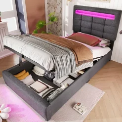 Lit 90x200 cm avec rangement hydraulique et éclairage LED 16 couleurs, tapissé lin gris, tête de lit carrée