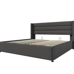 Lit 160x200 cm avec rangement hydraulique et tête de lit rembourrée en lin gris, cadre solide, style moderne