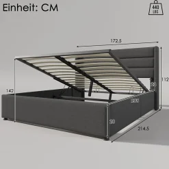Lit 160x200 cm avec rangement hydraulique et tête de lit rembourrée en lin gris, cadre solide, style moderne