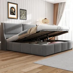 Lit 160x200 cm avec rangement hydraulique et tête de lit capitonnée en velours gris, design classique-moderne