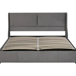 Lit 160x200 cm avec rangement hydraulique et tête de lit capitonnée en velours gris, design classique-moderne