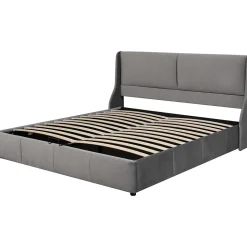 Lit 160x200 cm avec rangement hydraulique et tête de lit capitonnée en velours gris, design classique-moderne