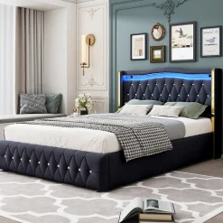 Lit 140x200 cm avec rangement hydraulique, tête capitonnée en velours noir, éclairage LED et pieds larges