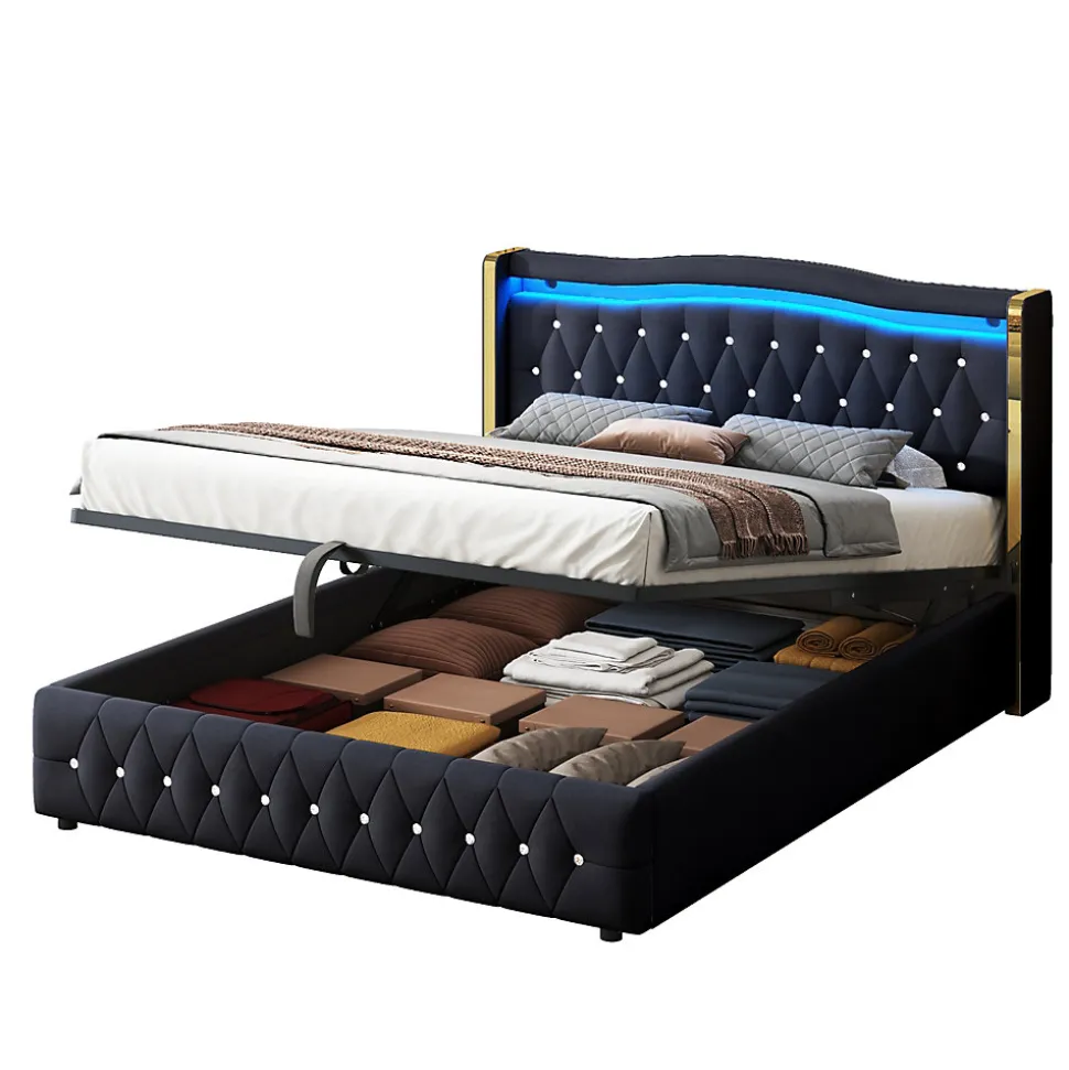 Lit 140x200 cm avec rangement hydraulique, tête capitonnée en velours noir, éclairage LED et pieds larges