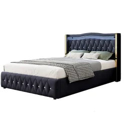 Lit 140x200 cm avec rangement hydraulique, tête capitonnée en velours noir, éclairage LED et pieds larges