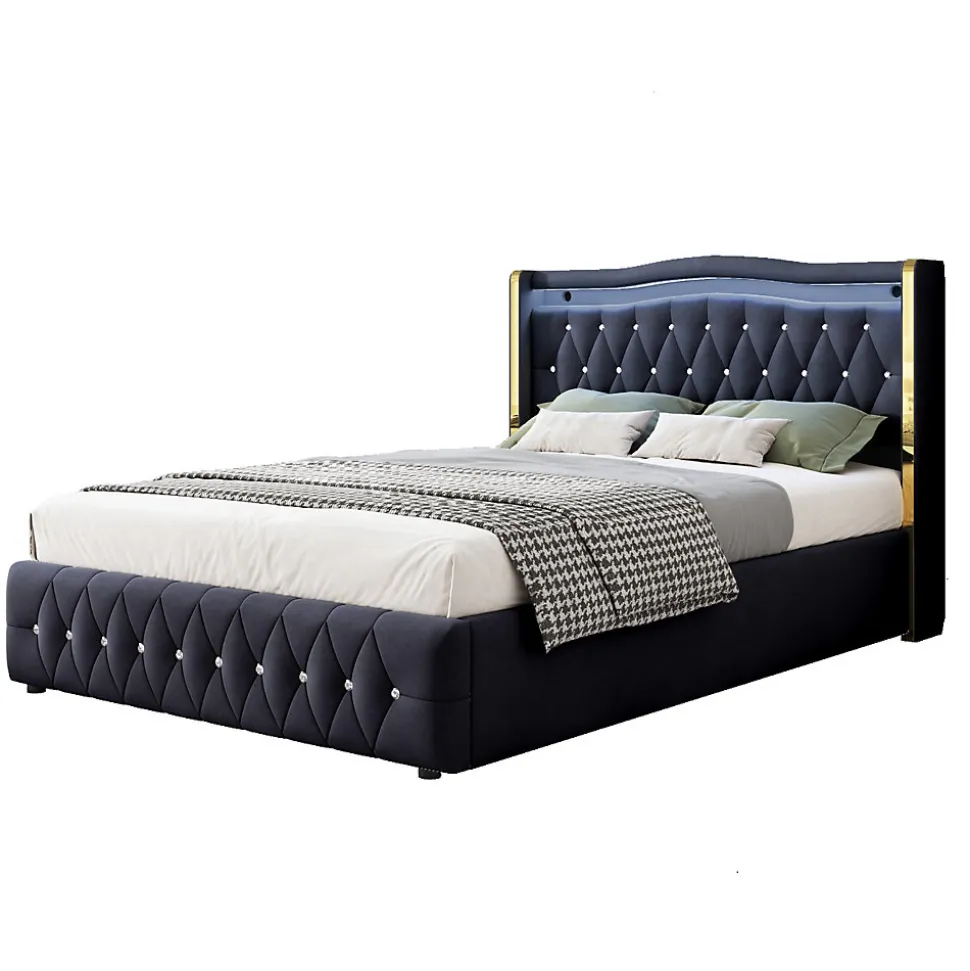 Lit 140x200 cm avec rangement hydraulique, tête capitonnée en velours noir, éclairage LED et pieds larges