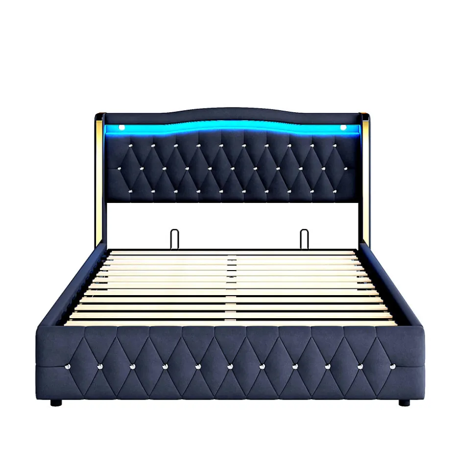 Lit 140x200 cm avec rangement hydraulique, tête capitonnée en velours noir, éclairage LED et pieds larges