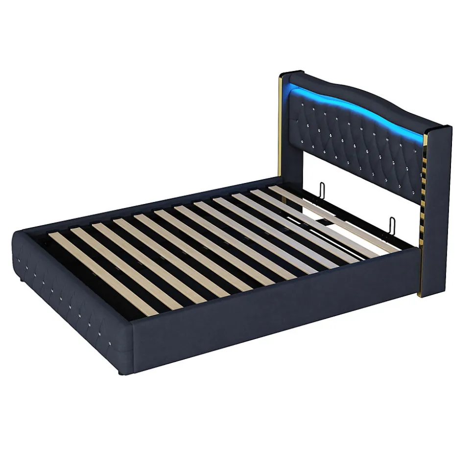 Lit 140x200 cm avec rangement hydraulique, tête capitonnée en velours noir, éclairage LED et pieds larges