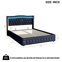 Lit 140x200 cm avec rangement hydraulique, tête capitonnée en velours noir, éclairage LED et pieds larges