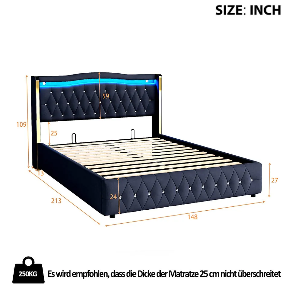Lit 140x200 cm avec rangement hydraulique, tête capitonnée en velours noir, éclairage LED et pieds larges