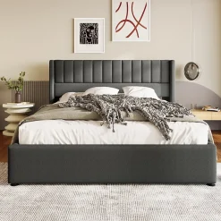 Lit 160x200 cm avec rangement hydraulique, tête de lit tapissée en lin gris et structure robuste