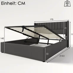Lit 160x200 cm avec rangement hydraulique, tête de lit tapissée en lin gris et structure robuste