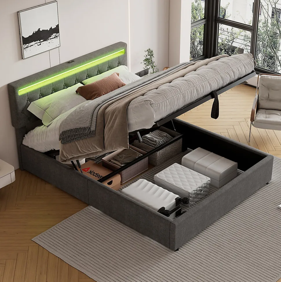 Lit 160x200 cm avec rangement hydraulique et éclairage LED multicolore, revêtement lin gris moderne