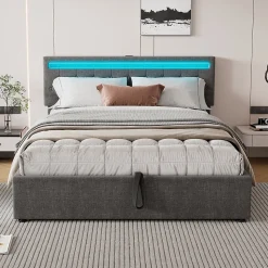 Lit 160x200 cm avec rangement hydraulique et éclairage LED multicolore, revêtement lin gris moderne